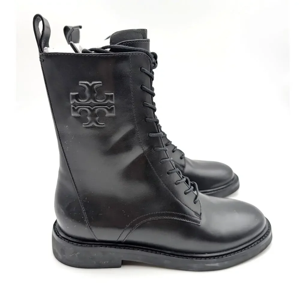 Tory Burch Double-T Lace-Up Combat Boots Women's Black Size US7M EU37.5
